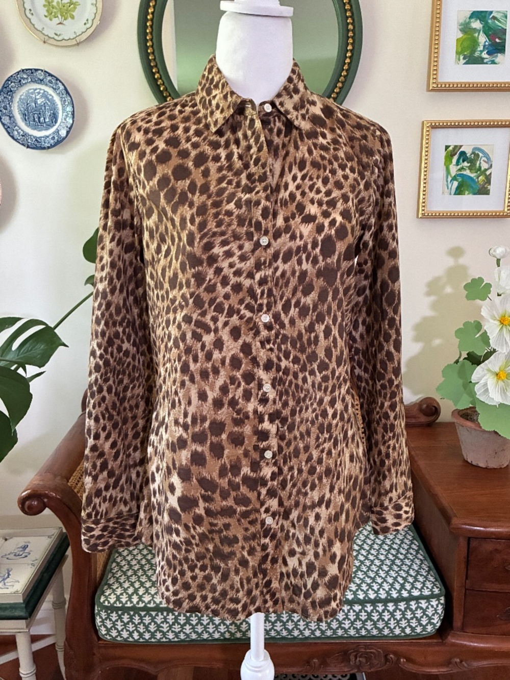 J McLaughlin Brown Leopard Animal Print Cotton Button Down Shirt Small